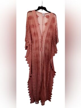 VENUS Sheer Lace-Trim Kimono in Coral Pink
